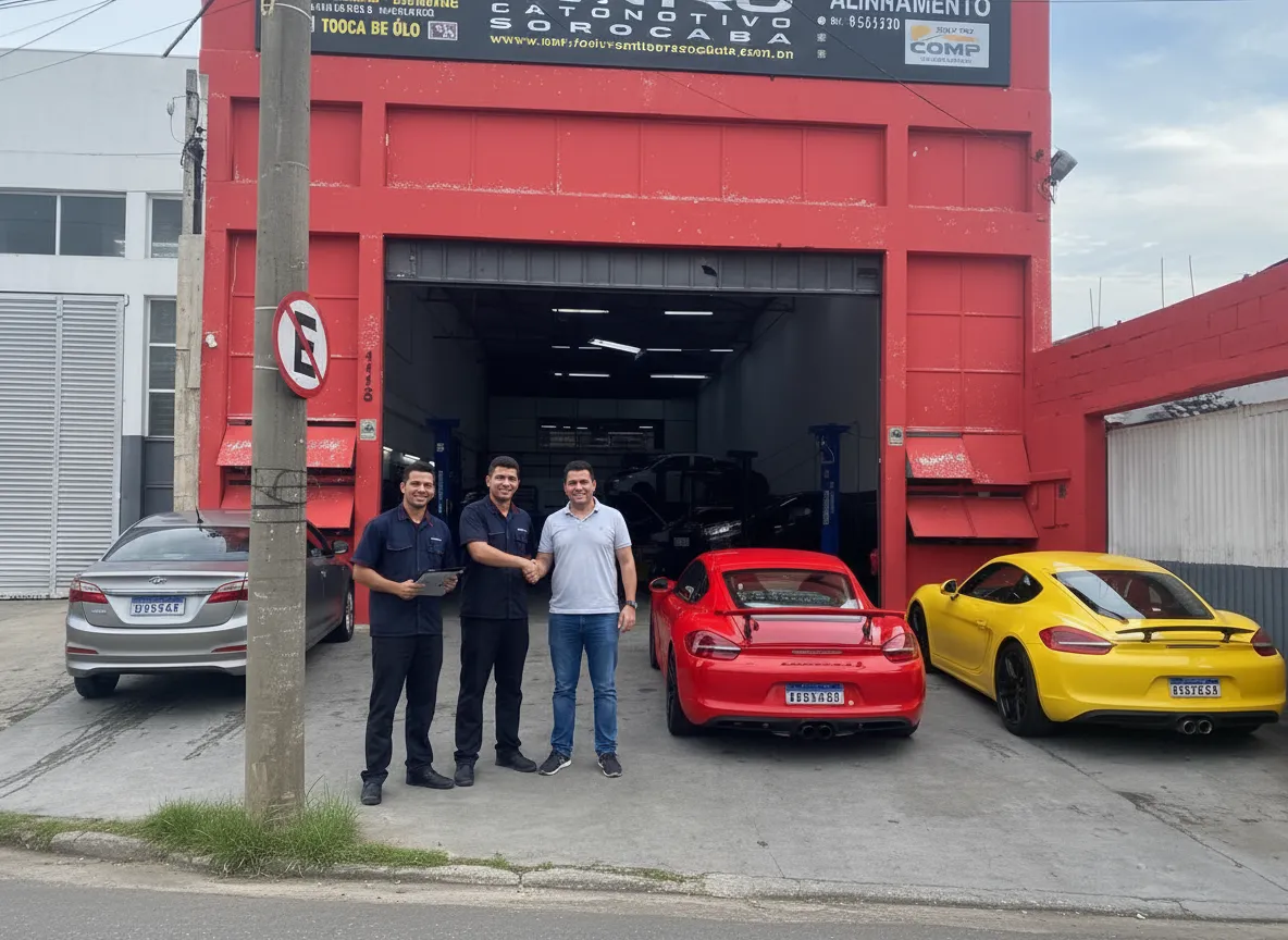 Equipe do Centro Automotivo Sorocaba em frente à oficina, em Sorocaba/SP
